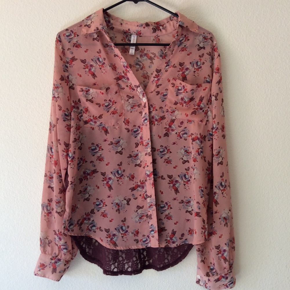 Xhilaration | Pink Floral Long Sleeve Blouse
